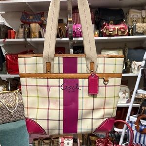 Coach Pink and Cream Plaid Tote Bag